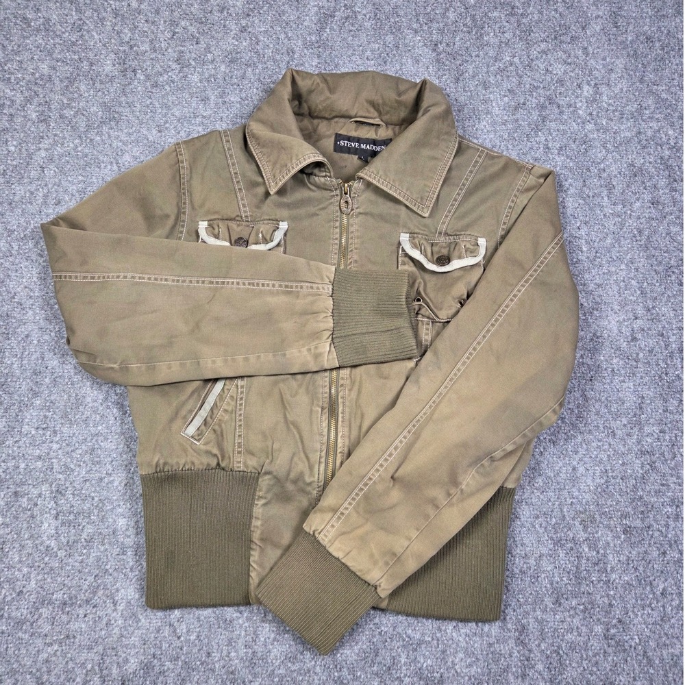 Steve Madden Bomber Jacket Womens Large Green Utility Cotton Quilted Lined Zip